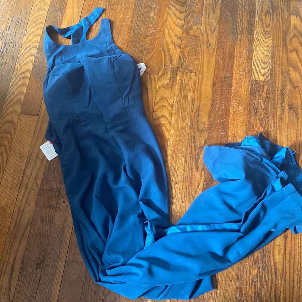 Blue high neck chiffon floor length gown
